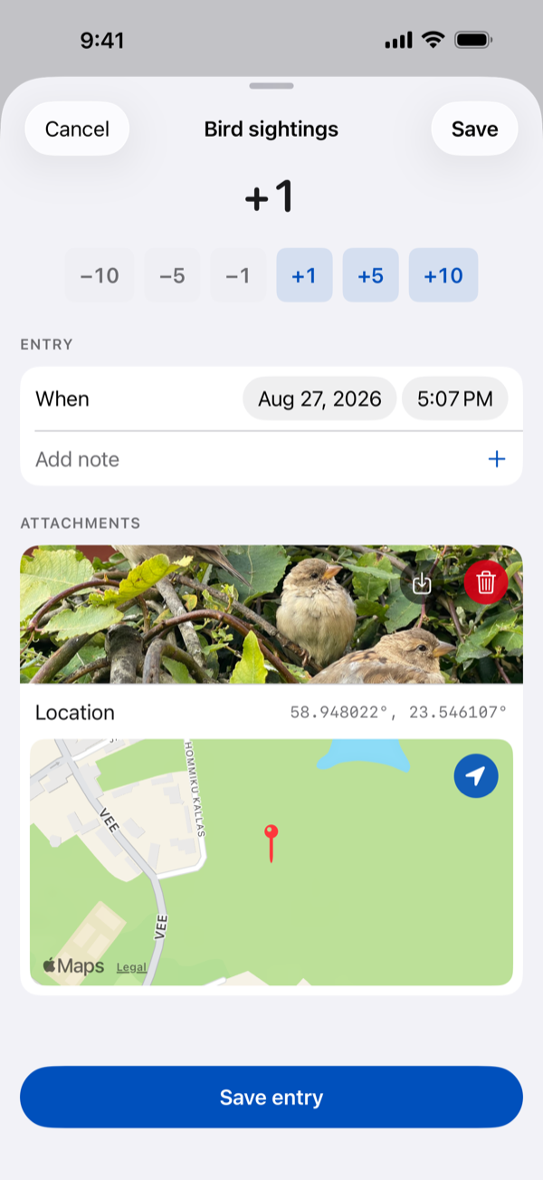 The Loendur log-entry sheet on iPhone, carrying a photo, a map with a dropped pin and its coordinates, the date and time, and a note field