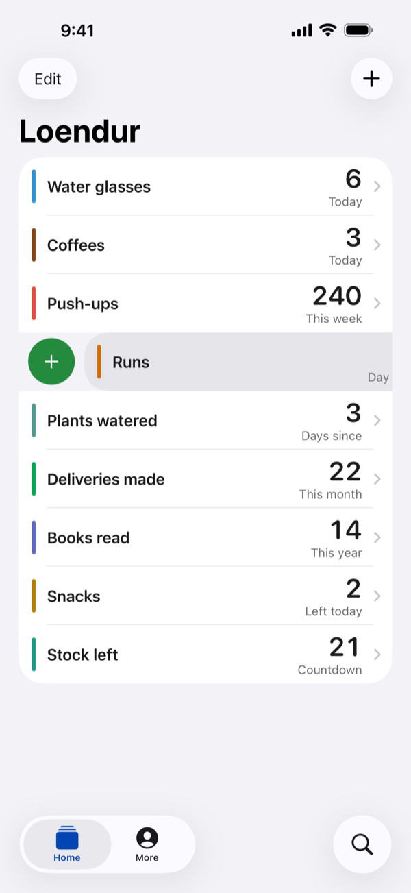 The Loendur counter list on iPhone, with a counter swiped open to log an entry